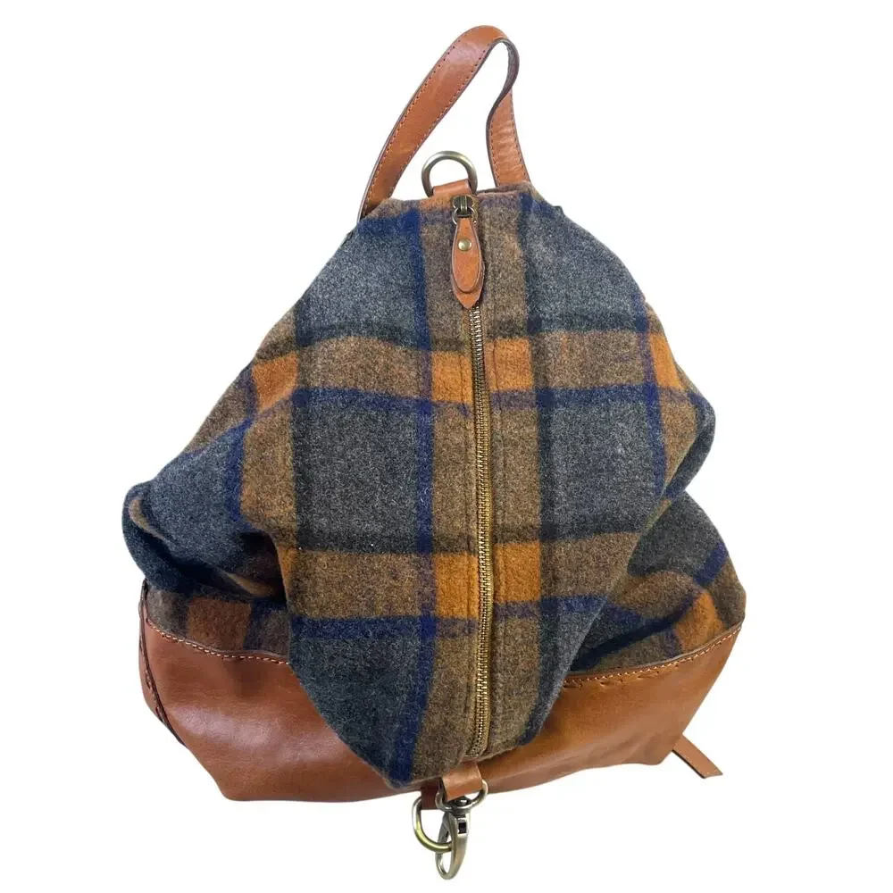 Sundance Made in Italy Genuine Leather Plaid Wool Backpack Purse